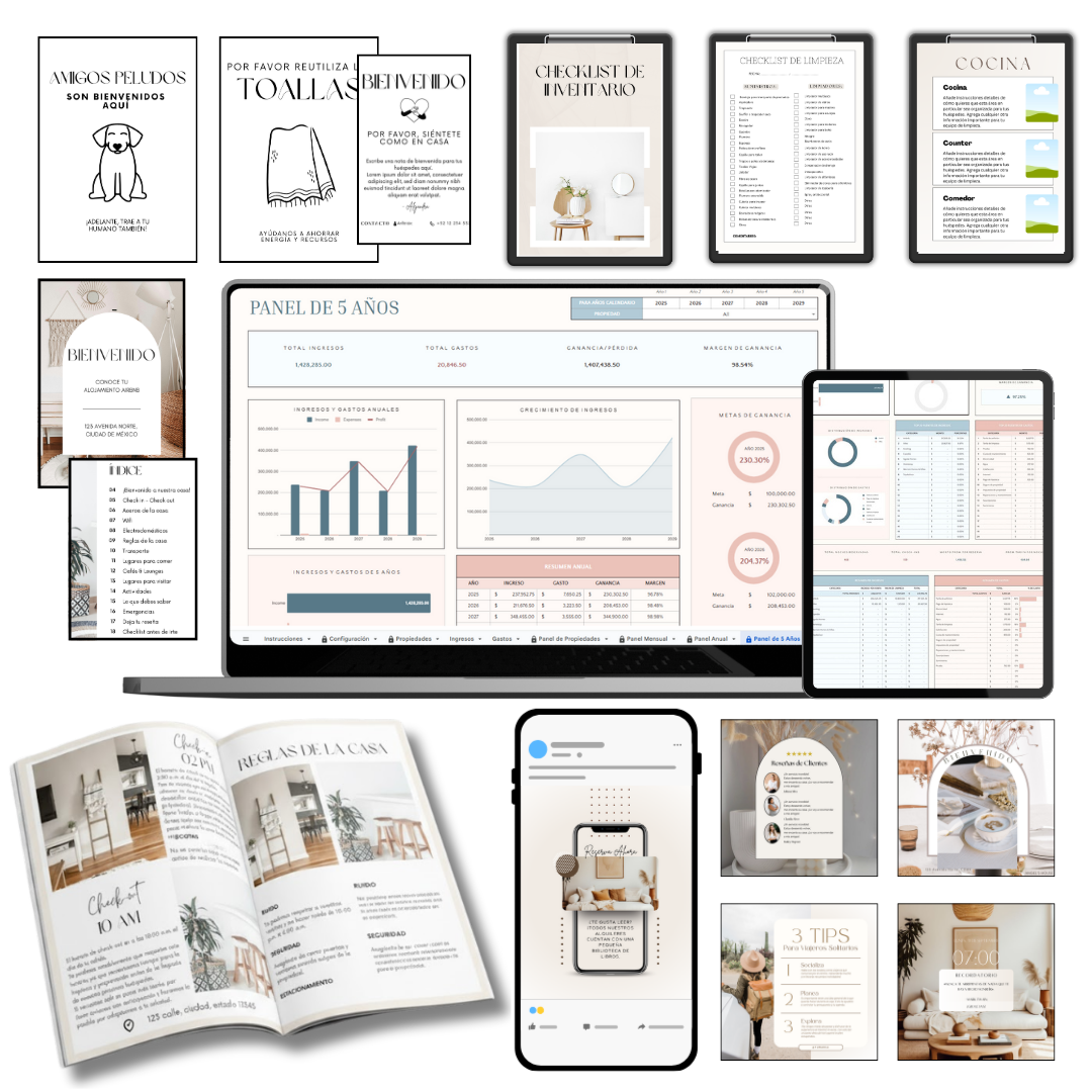 Paquete Profesional Para Anfitriones 🚀: Sistema de Ingresos + Redes Sociales + Libro de Bienvenida + Plantillas + BONUS 📈